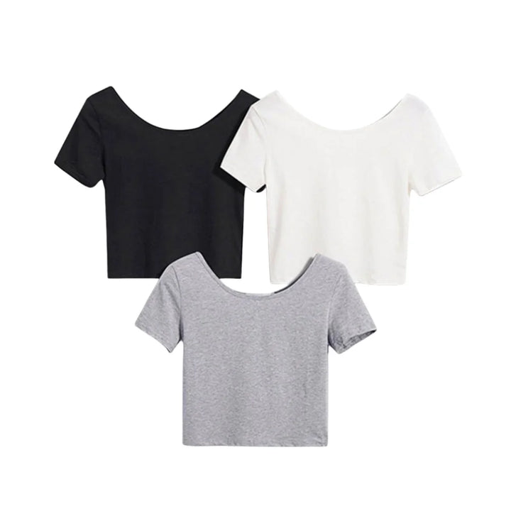 Women's White Gray Crew Neck Crop Top  Basic Short Sleeves Summer T Shirt Tops