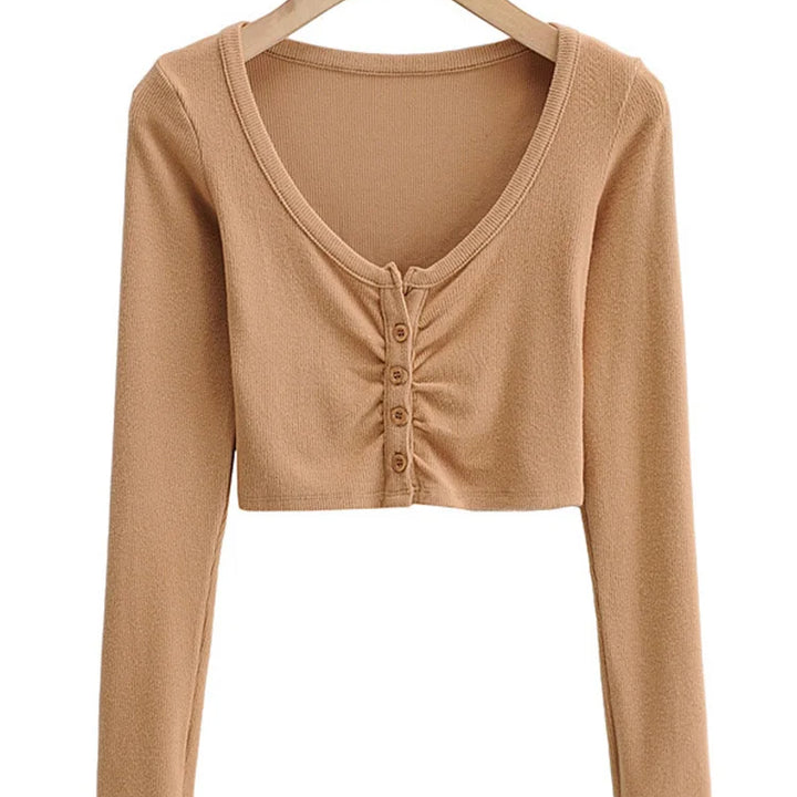 Slim V-neck Long Sleeve Bottomed Womens Tops And Blouses High Street Solid Color Open Navel Cardigan