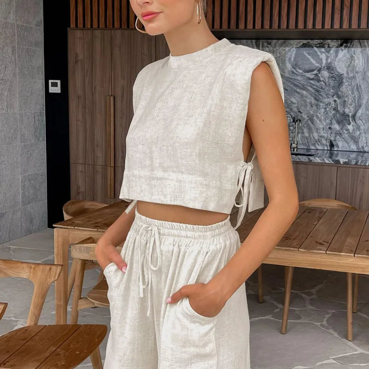 Spring Summer 2025 Women Holiday Linen Pant Set Crop Tops Solid Outfits 2 Two Piece Matching Set For Women