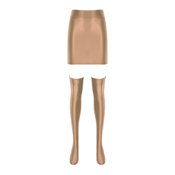 Womens Glossy Nightclub Outfit Shiny High Waist Mini Skirt with Stockings Set Rave Party Cheer Booty Workout Pole Dance Clubwear