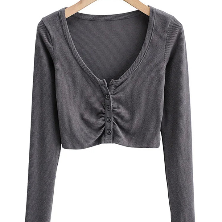 Slim V-neck Long Sleeve Bottomed Womens Tops And Blouses High Street Solid Color Open Navel Cardigan