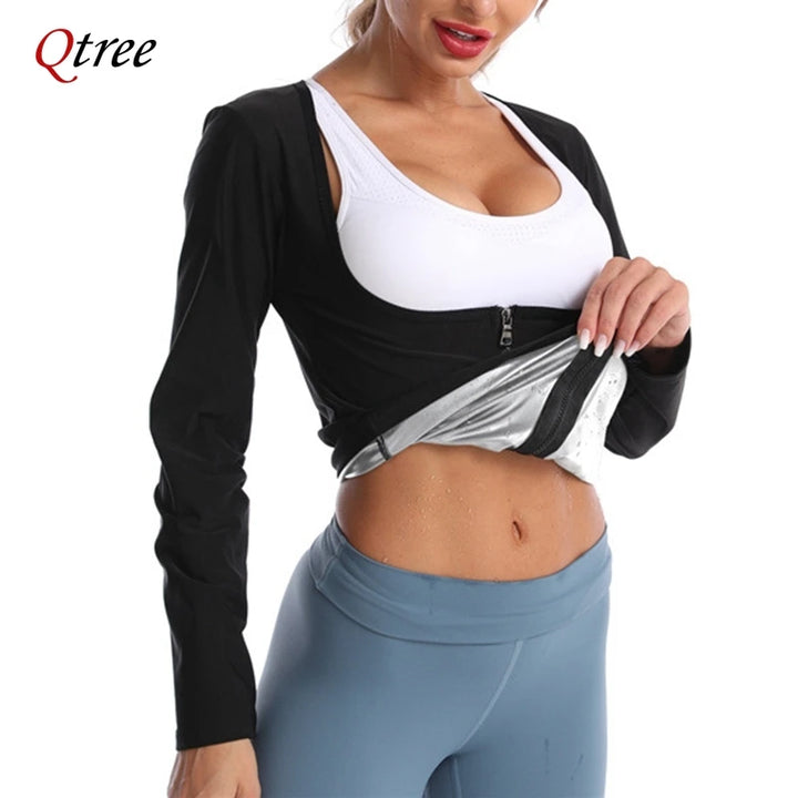 Qtree Sauna Suit Shirt for Women Weight Loss Sweat Jacket Long Sleeve Slimming Body Shaper Fitness Zipper Workout Waist Trainer