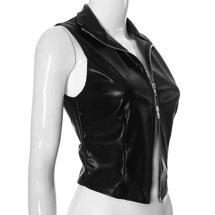Fashionable Temperament Solid Color PU Leather Splicing Stand Up Collar Sexy Backless Zipper Exposed Navel Slim Fit Vest