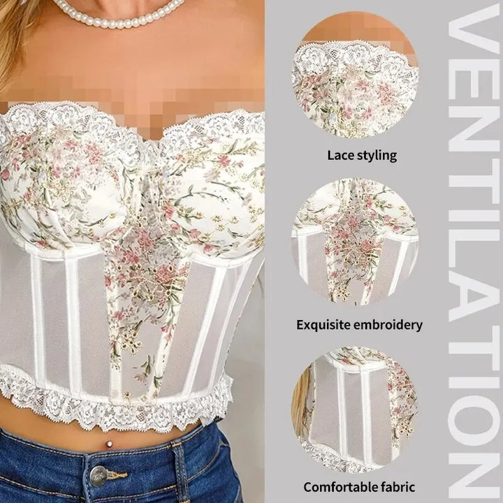 Women's White Sexy Lace Mesh Fish Bone Chest Flower Embroidered Bra Women's Strapless Lace Top Wrapped Chest