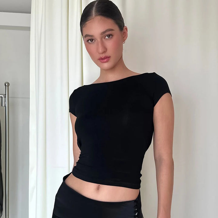 Hugcitar 2024 Spring Short Sleeve Backless Transparent Slip Sexy Slim Crop T-Shirt Top Women Fashion Clothes Vacation Nightclub