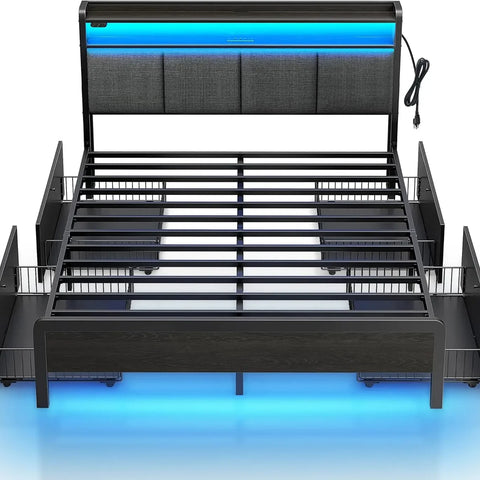 Bed Frame Full Size  Charging Station  LED Lights, Upholstered Storage Headboard ，foldable bed with mattress portable