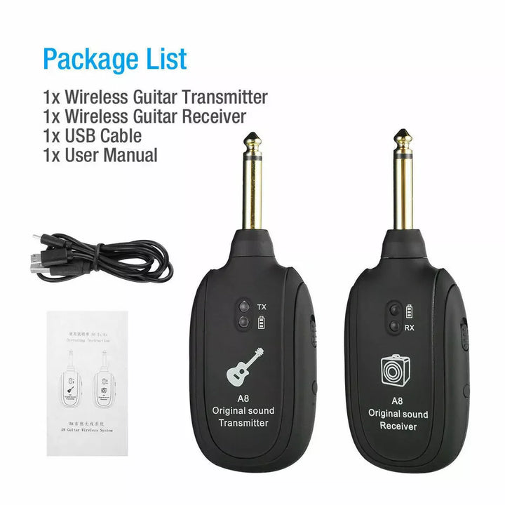 UHF Guitar Wireless System Transmitter+Receiver Built In Rechargeable Battery