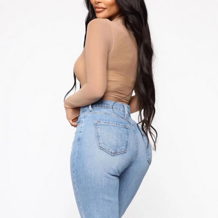 Women Bodysuit Sexy Black Skin Color Thin Mesh Bodysuit Long Sleeve See-through Mesh Skinny Half-high Collar Female Playsuit