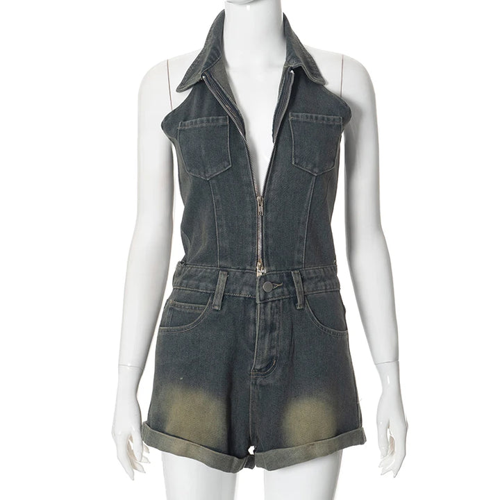 Sexy Blue Lapel Deep V Zipper Jumpsuit For Women Sleeveless Backless High Waist Hemmed Shorts Leisure Party Club Denim Jumpsuit