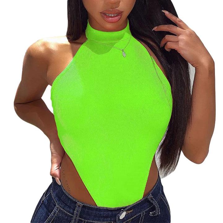 Female Solid Sleeveless Bodysuits Sexy Women Halter Bodysuits High Cut Bodycon Leotard Tops Summer Fashion Bottomed Tops