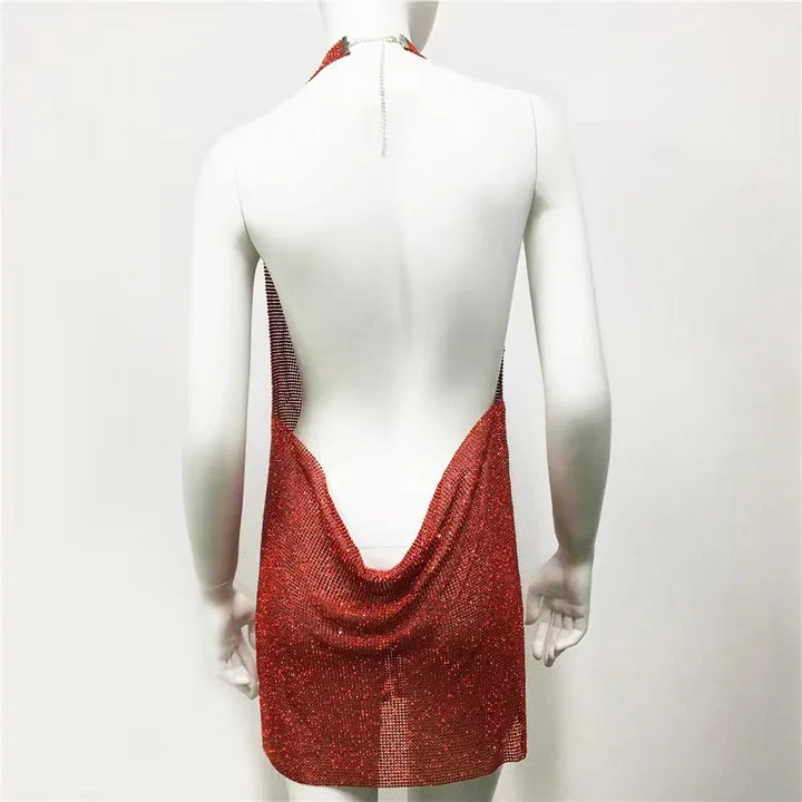 New European and American women's clothing, metal sequins, rhinestone suspender, sexy party, sweet and spicy style dress