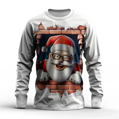 Funny 3D Santa Claus Print Men's T Shirt Casual O-neck Long Sleeve T-shirt Cute Animal Christmas Clothing Fashion Loose Men Tops