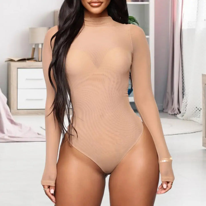 Women Bodysuit Sexy Black Skin Color Thin Mesh Bodysuit Long Sleeve See-through Mesh Skinny Half-high Collar Female Playsuit