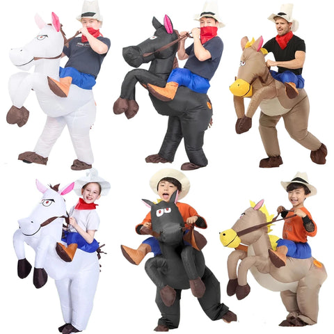 Adult Children Western Cowboy Riding Inflatable Costume Little Grey Horse Bull Riding Bar Halloween Show Out Dress