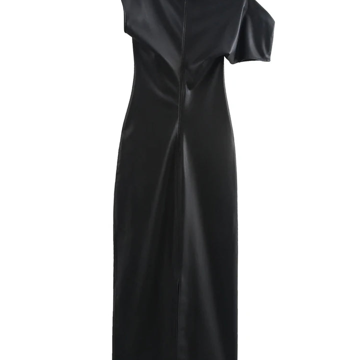 KAOPU ZA Women draped faux leather midi dress vintage flowing neck asymmetric sleeves female dresses mujer
