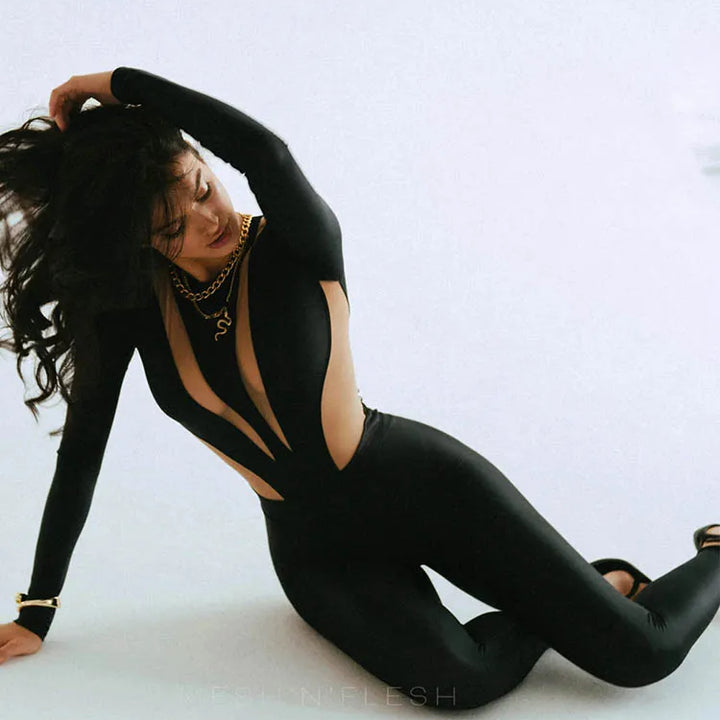 Huhugirl Sexy Mesh Patchwork Rompers Women Jumpsuits Fashion O Neck Long Sleeve Skinny Black Jumpsuits Female One Piece Overalls