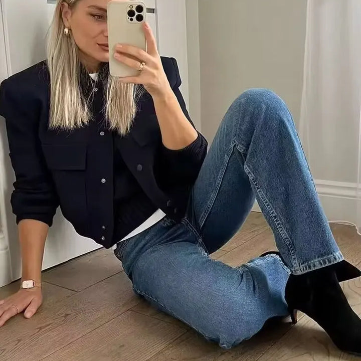 TRZA Women Fashion With Pockets Bomber Jacket Coats Vintage Long Sleeve Front Button Casual Female Outerwear Chic Tops
