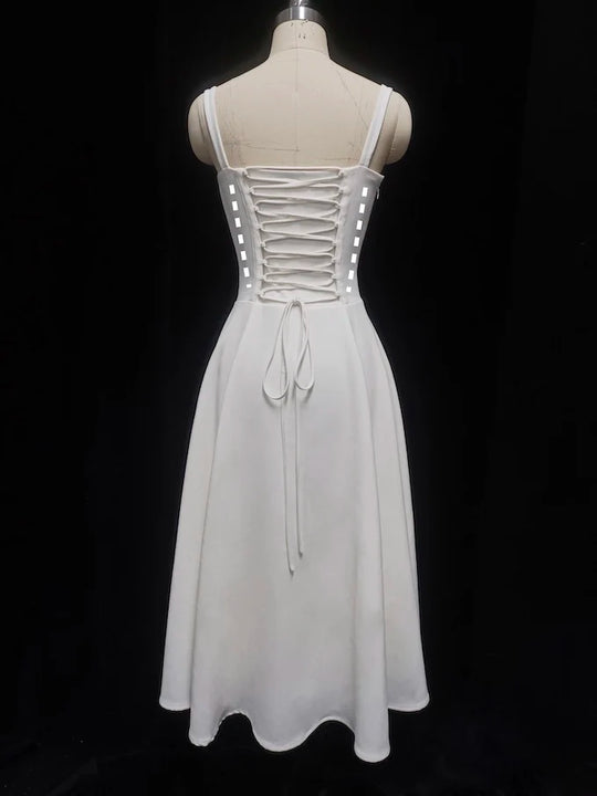 French Elegant White Strap Midi Dress 2023 Summer New Casual Evening Party Dress Women Beach Sleeveless Lace-up Red Dress Korean