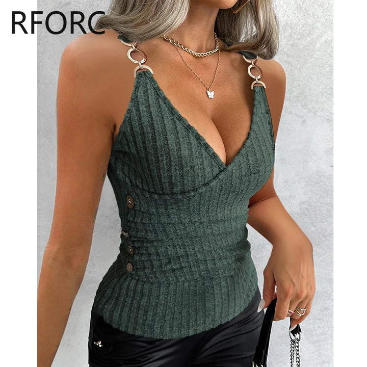 2024 Women Chic Thick Straps Metal Decor Deep V Neck Sleeveless Knitting Sexy Camis Crop Tops
