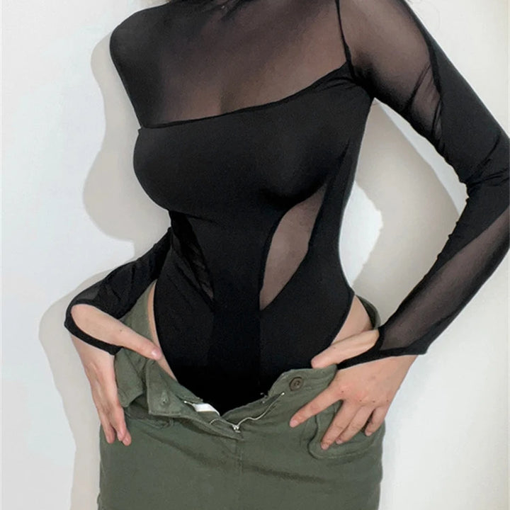 kliou Summer Women Above Knee Sexy&Club Mesh Patchwork Bodysuit K22K25045 Girl See Through All-match Tops One Piece Attirewear