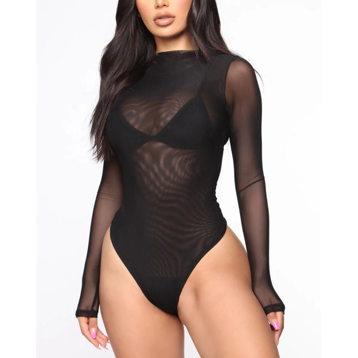 Bodysuits High Neck Bodycon Jumpsuit See Through Romper Black Beige NEW Sexy Mesh See Through Bodysuit Women Long Sleeve Sheer