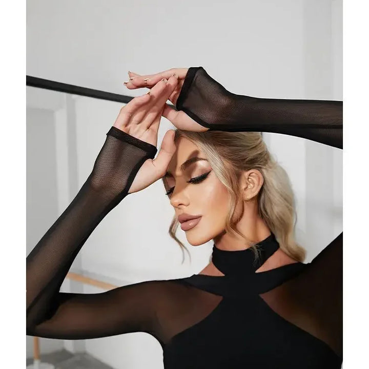 Women Latin Dance Body Top Black Mesh Conjoined Backless Cross Belt Pair It with Dance Dress Lingerie Training Performance