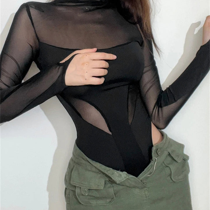 kliou Summer Women Above Knee Sexy&Club Mesh Patchwork Bodysuit K22K25045 Girl See Through All-match Tops One Piece Attirewear