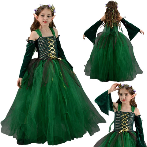 Kids Girls Elf Cosplay Tutu Dance Skirts Costume Children Roleplay Dress Up Performence Stage Dress Elf Earrings Halloween Cloth