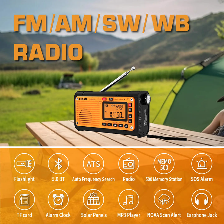 XHDATA D-608WB Emergency Crank Weather Radio FM/AM/SW/NOAA Alert Portable Radio with Phone Charger, Bluetooth, Battery Operated