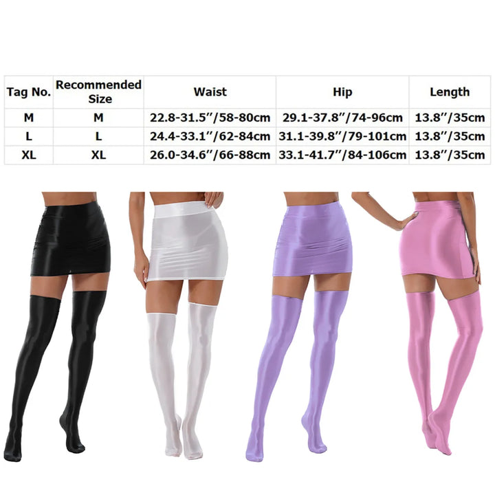 Womens Glossy Nightclub Outfit Shiny High Waist Mini Skirt with Stockings Set Rave Party Cheer Booty Workout Pole Dance Clubwear