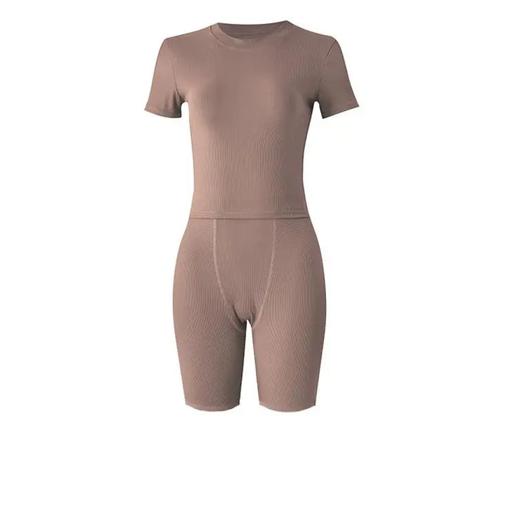 Lounge Wear Ribbed Casual 2 Piece Summer Shorts Set For Somen Short Sleeve Top+Elastic outfits