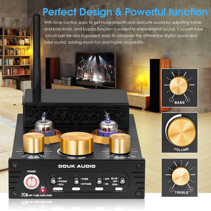 Douk Audio HiFi GE5654 Vacuum Tube Amplifier Stereo Bluetooth 5.0 Receiver Amp MM Phono Power Amp for Turntables APTX-HD 160W*2