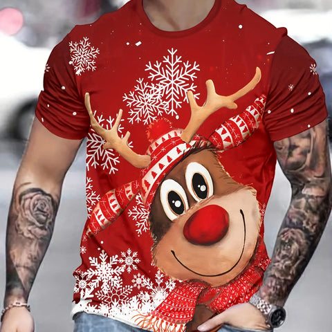 Festive Christmas Elk 3D Prints Red T shirt Tee Party Street Short Sleeve Tops O-Neck Shirt Men's clothing y2k T-shirts for men