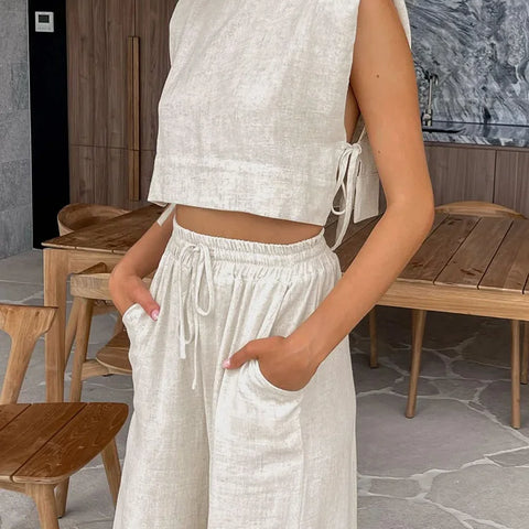 Spring Summer 2025 Women Holiday Linen Pant Set Crop Tops Solid Outfits 2 Two Piece Matching Set For Women