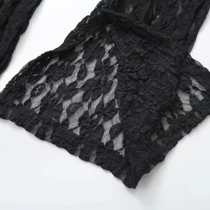 TRAFZA Womens Lace Pants Sets Slim Jumpsuits Top + High Waist Trousers Sexy Lady Floral Lace Translucent Y2k Bodysuit Suits