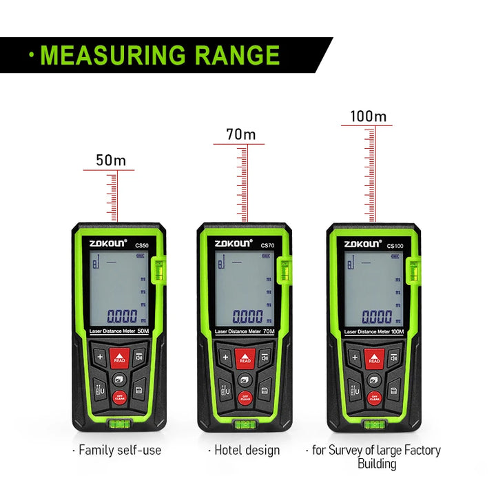 Zokoun shockproof 50/70/100m laser distance meter electronic ruler laser tape Area Volume Pythagorean digital rangefinder