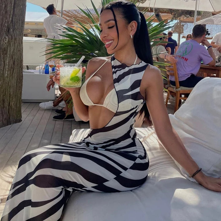 DGLUKE Zebra Long Beach Dress Cover-Up Sexy Transparent Mesh Maxi Dress Cut Out Bodycon Summer Holiday Vacation Dress Women 2024