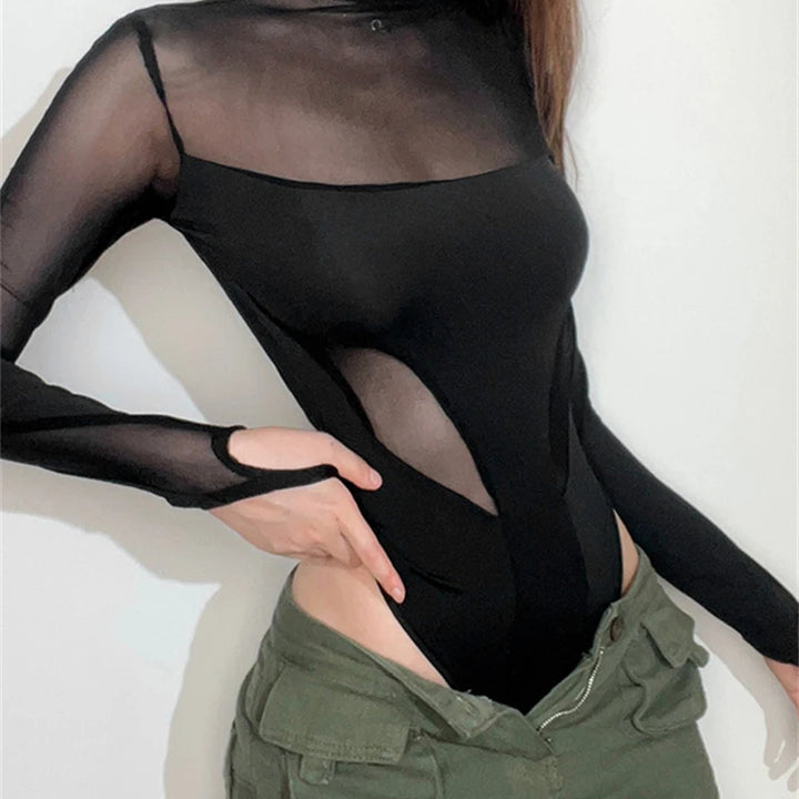 kliou Summer Women Above Knee Sexy&Club Mesh Patchwork Bodysuit K22K25045 Girl See Through All-match Tops One Piece Attirewear