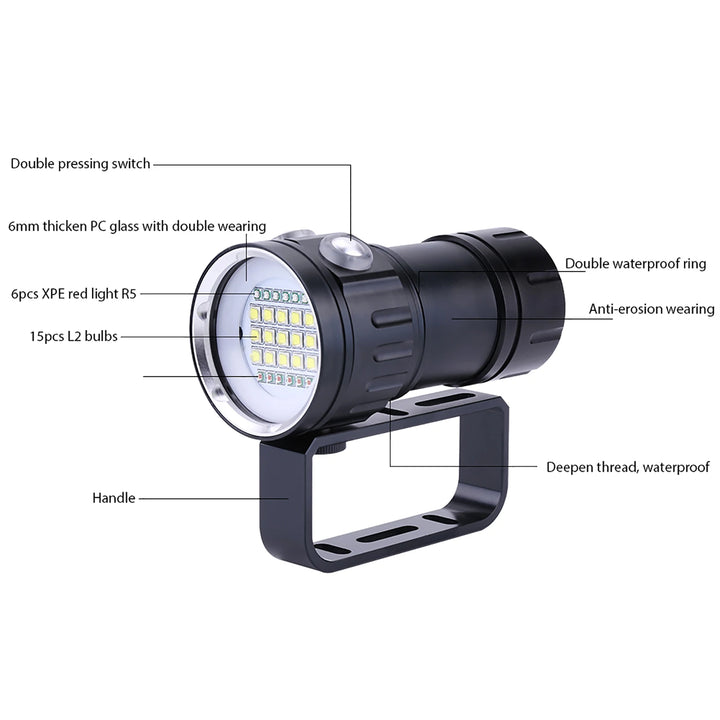 Camp Flashlight Underwater Flashlight IPX8 18000lm 500M Flashlight Waterproof Lamp Light Underwater Outdoor Camp Waterproof Lamp