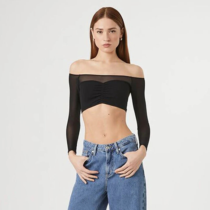 Sexy Black T-shirt Women Autumn New Streetwear Long Sleeves Slash Neck Simple Tees Casual Fashion Mesh Patchwork Basic Crop Top