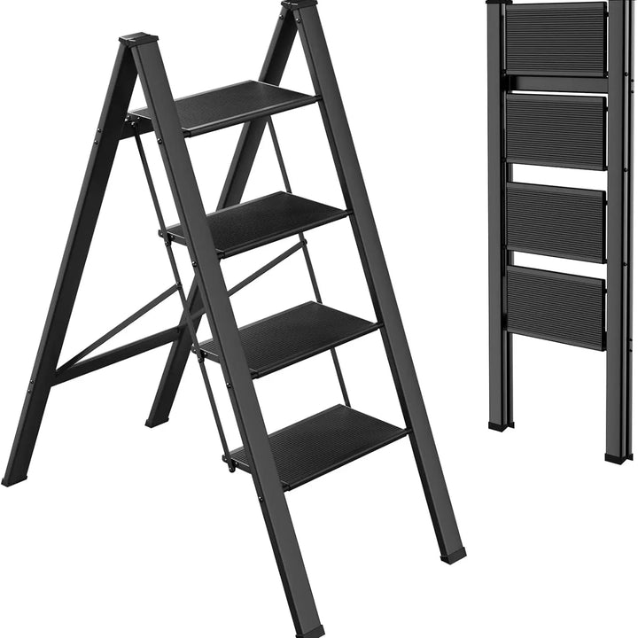 Aluminium 3-4 Step Ladder with Wide Steps Lightweight Folding Ladder Portable Slim Step Stool Safety Household Ladder Stepladder