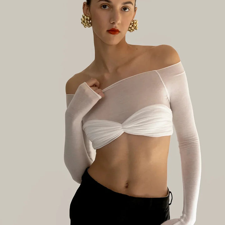 Mozision See Through Mesh Crop Top Women Pullovers Strapless Short Knit Cropped Tops Ladies Tee Shirt Sexy Off-shoulder T-shirt