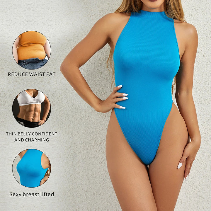 Women Round Neck Thong Shaperwear Bodysuits Sleeveless Adjustable Buckle Tight Fitting Jumpsuit T-shaped Shapewear Corset