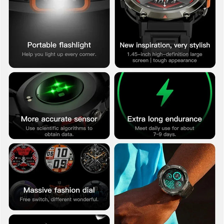 2024 Bluetooth Call Smart Watch For Men Full Touch Screen Health Monitor Clock With Flashlight Men SmartWatch For IOS Android