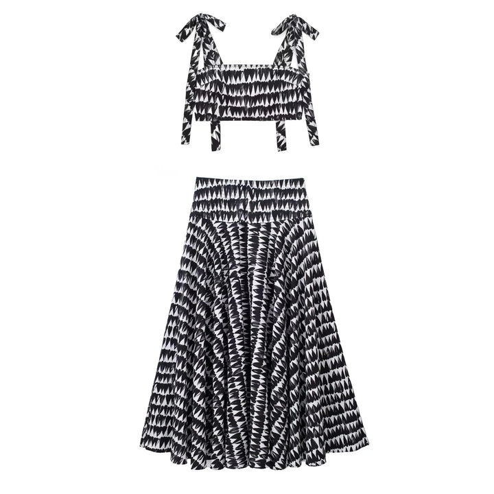TRAFZA Women Fashion Print Sets Sexy Backless Sleeveless Slim Corset Lace Up Crop Top Female Elegant A-line Pleated Midi Skirts