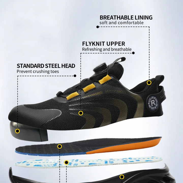 Men's Safety Shoes Steel Toe Anti-Puncture Work Shoes Man And Safety Sneaker Rotating Button Lighweight Men's Work Shoes