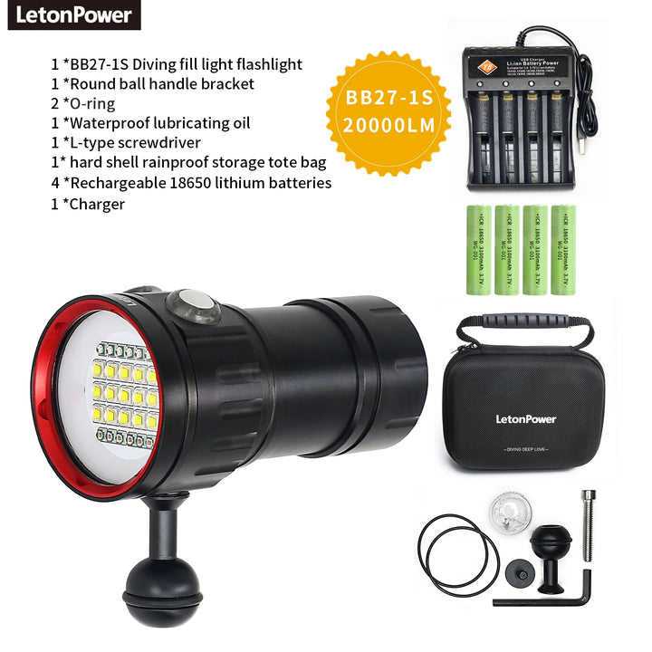 Professional Underwater 27 LED Photography Light Highlight Lamp 20000Lumens Diving Flashlight 100M Waterproof Video Camera torch