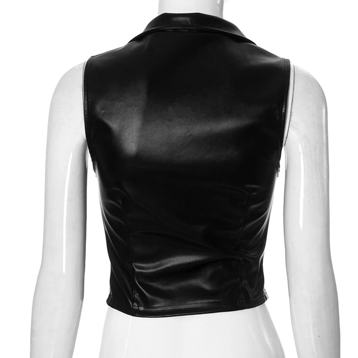 Fashionable Temperament Solid Color PU Leather Splicing Stand Up Collar Sexy Backless Zipper Exposed Navel Slim Fit Vest