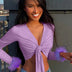 long sleeve fur V-neck wrapped bandage sexy crop tops autumn winter women streetwear club party outfits T-shirts