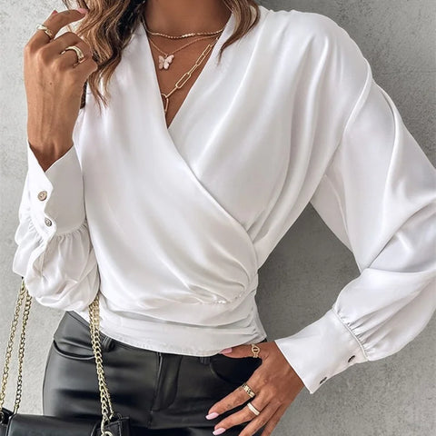 Sexy V Neck Long Sleeve Shirts Blouses Office Ladies Spring Summer Fashion Elegant Solid White Blouse For Women 2025 Female Tops